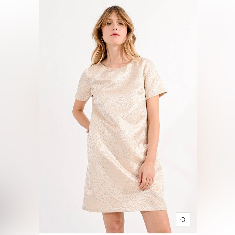 Molly Bracken Le Soir Jacquard Mini Dress Cream & Pale Gold Shift Dress Size S